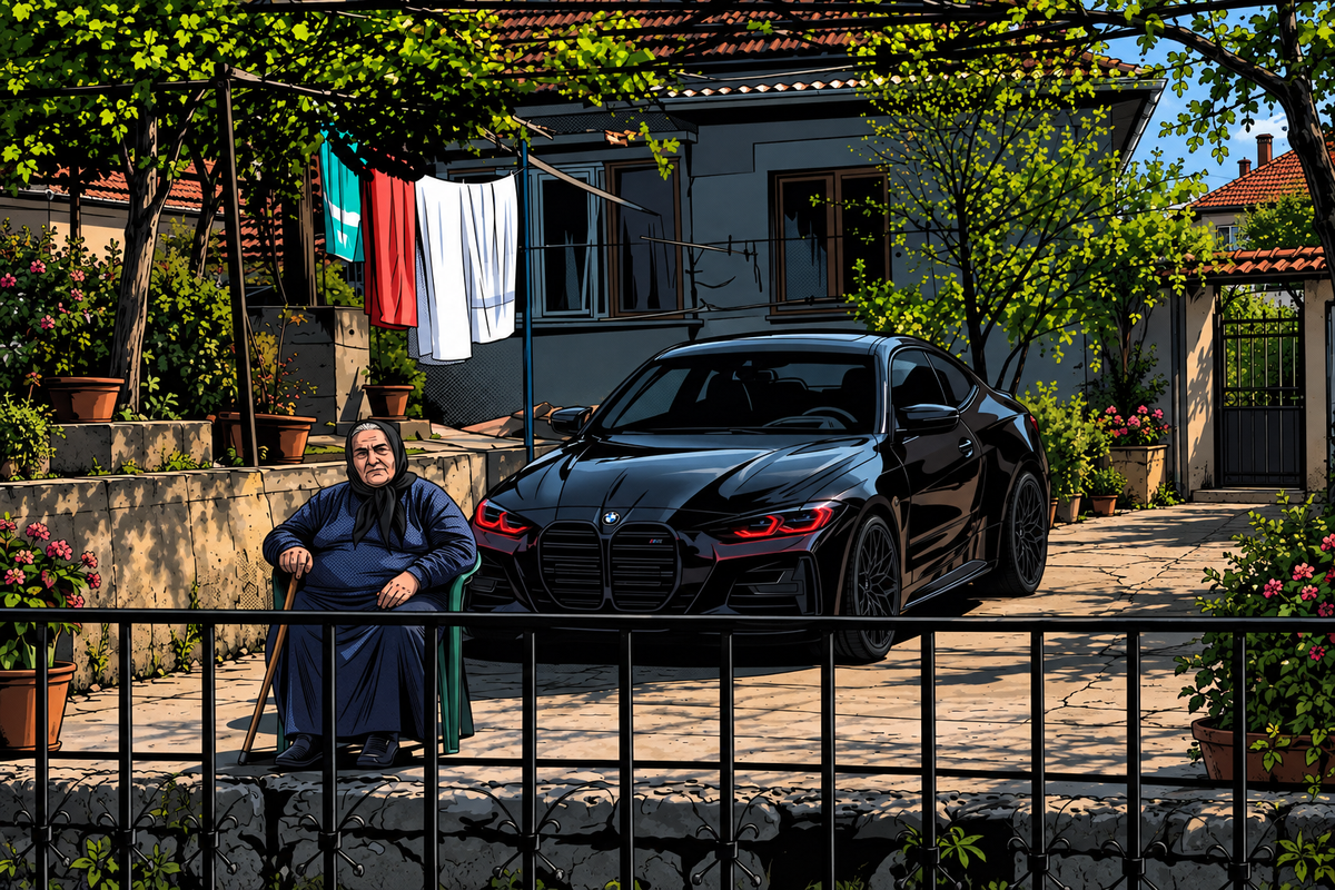 A parked car in a sunlit courtyard